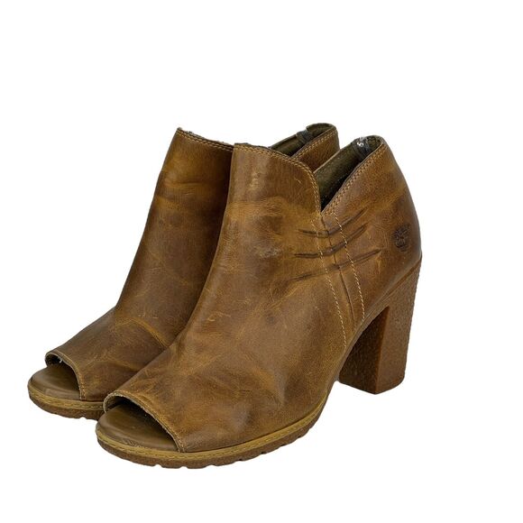 Timberland Peep Toe Leather Boots Women's SZ 7.5 Heeled Booties Glance Brown Zip - Picture 2 of 7